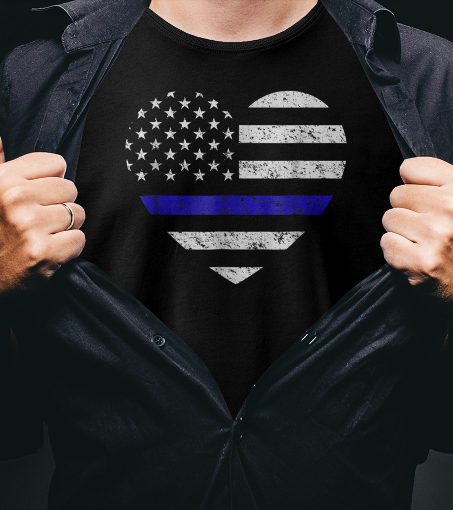 Thin Blue Line American Flag Heart Police Support T-Shirt