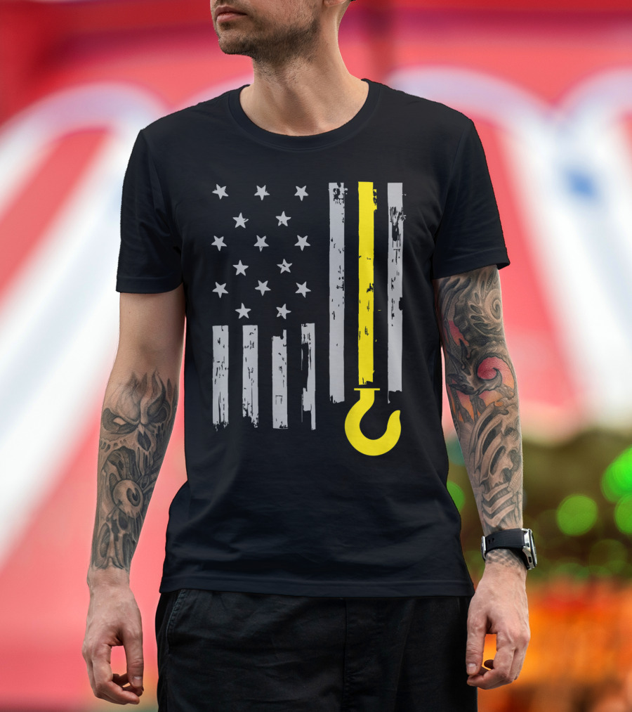 Tow Truck Driver American Flag Yellow Line Hook T-Shirt