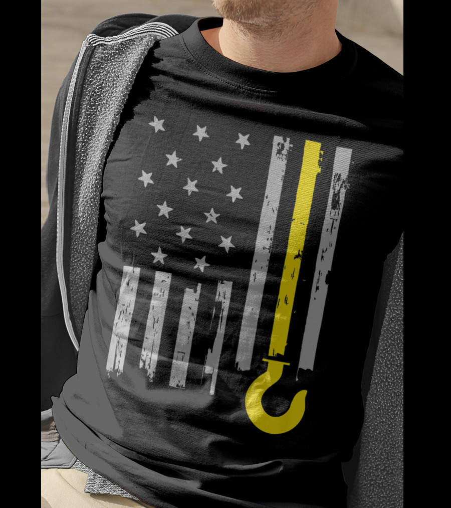 Tow Truck Driver American Flag Yellow Line Hook T-Shirt