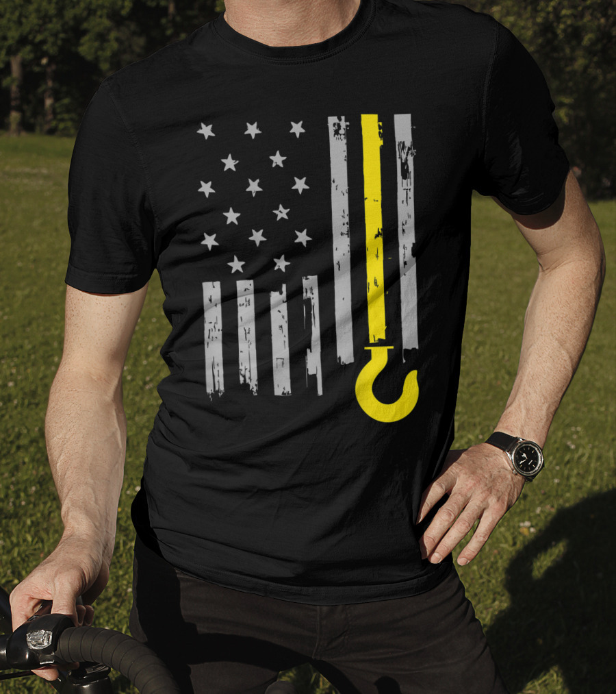 Tow Truck Driver American Flag Yellow Line Hook T-Shirt