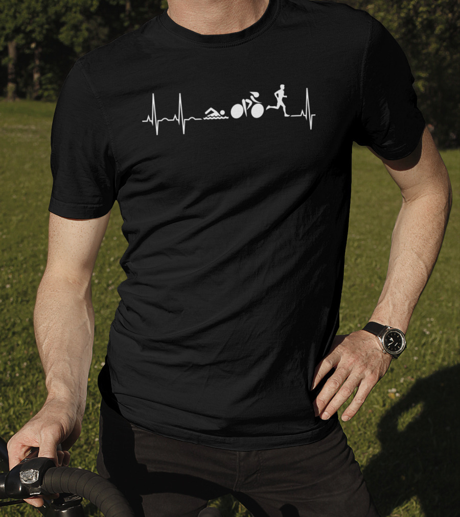 Triathlon Heartbeat Featuring Swim Bike Run Icons T-Shirt