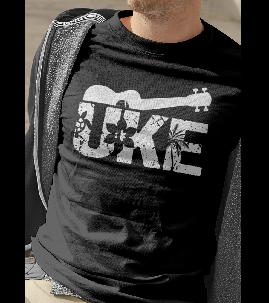 Uke Hawaiian Ukulele Guitar Music With Floral And Palm T-Shirt