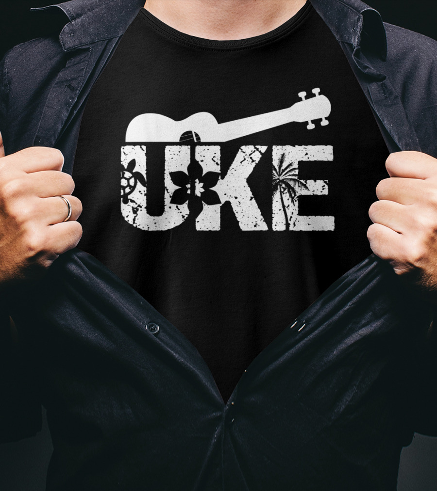Uke Hawaiian Ukulele Guitar Music With Floral And Palm T-Shirt