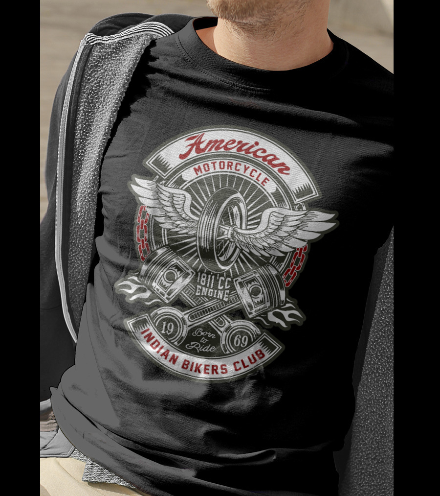 American Motorcycle Indian Bikers Club 1811 CC Engine Born To Ride 1969 T-Shirt