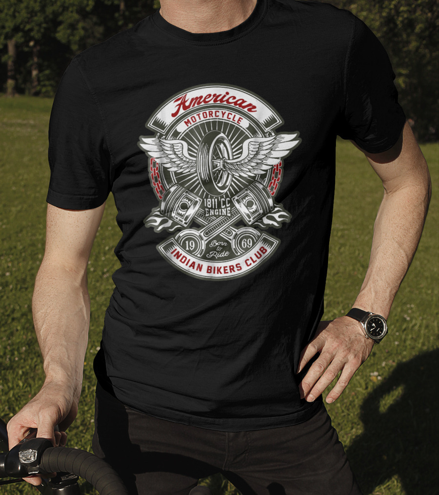 American Motorcycle Indian Bikers Club 1811 CC Engine Born To Ride 1969 T-Shirt