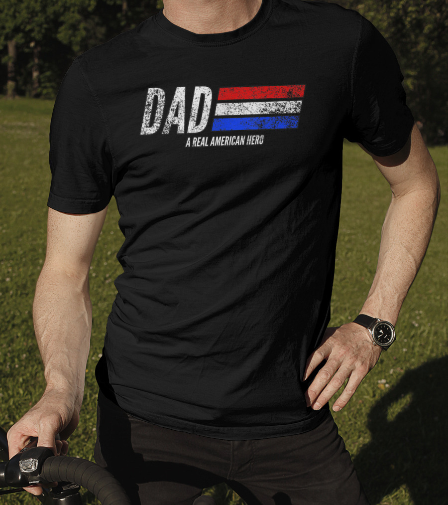 Vintage Dad A Real American Hero Distressed Red White Blue Stripes T-Shirt