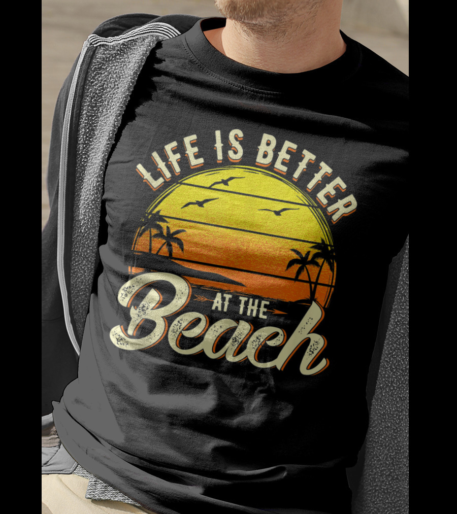 Life Is Better At The Beach Tropical Sunset With Palm Trees And Seagulls T-Shirt