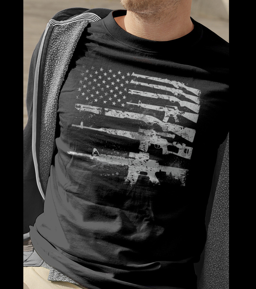 USA Flag Made Of Rifles Guns Weapons Military 2A Stripes T-Shirt