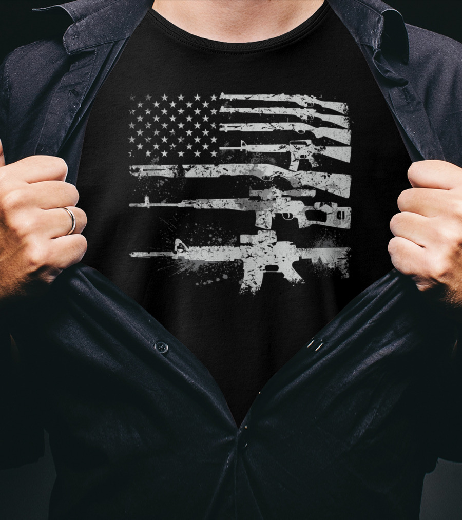 USA Flag Made Of Rifles Guns Weapons Military 2A Stripes T-Shirt