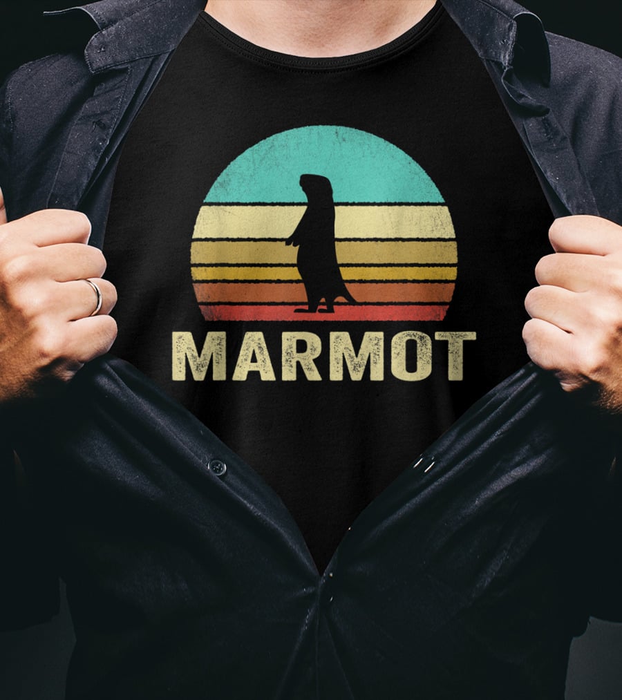 Retro Marmot Silhouette Sunset Stripes T-Shirt