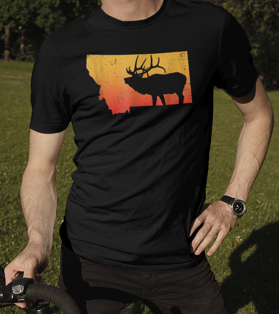 Montana Elk Silhouette Vintage Outdoors Sunset Scene T-Shirt