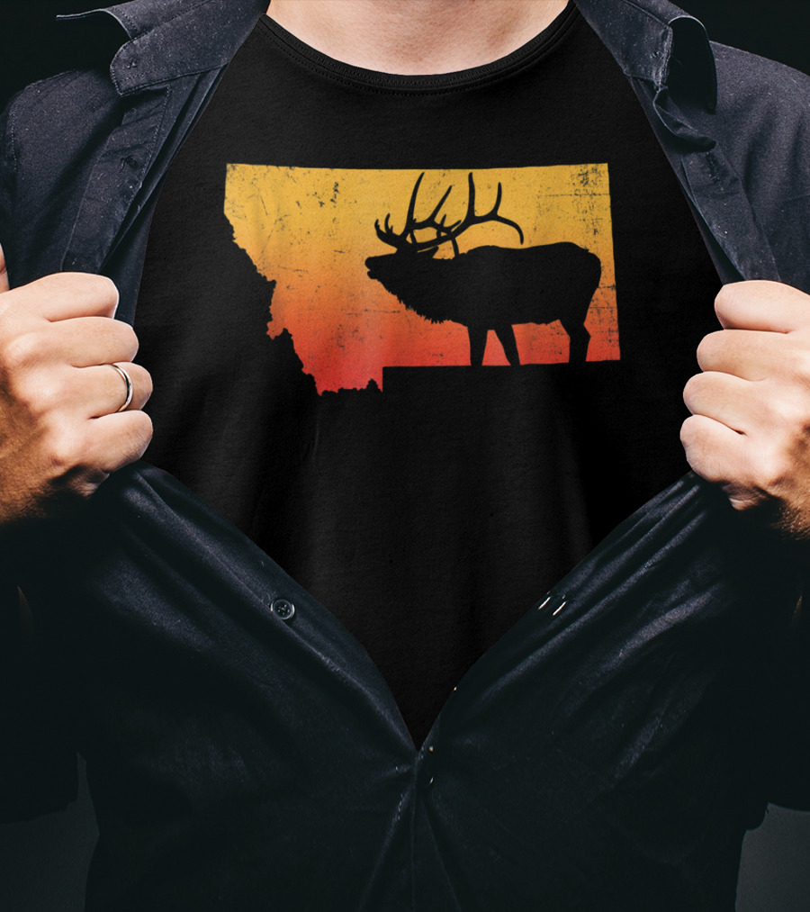 Montana Elk Silhouette Vintage Outdoors Sunset Scene T-Shirt