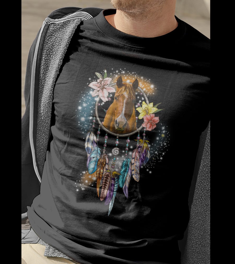 Horse Dreamcatcher Floral Feathers Sparkle T-Shirt
