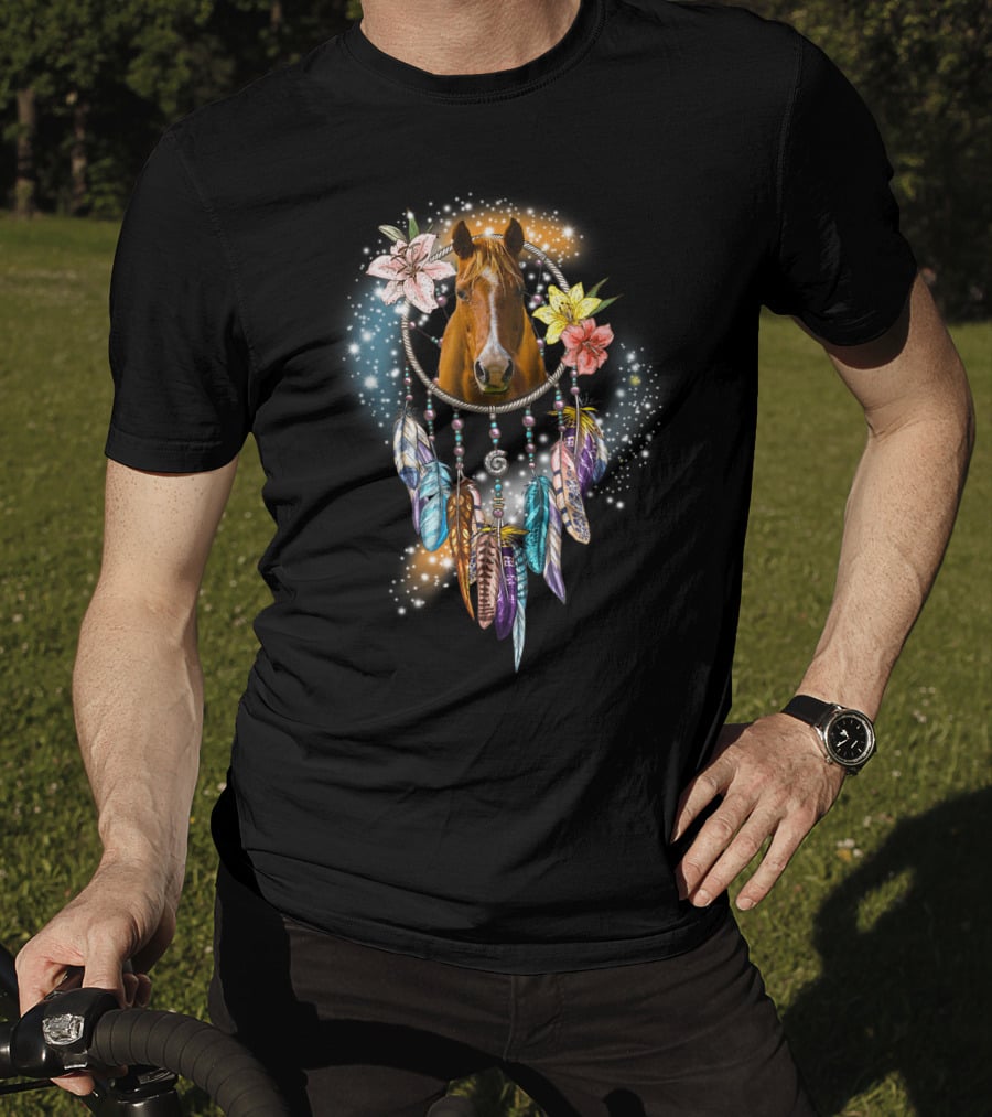 Horse Dreamcatcher Floral Feathers Sparkle T-Shirt