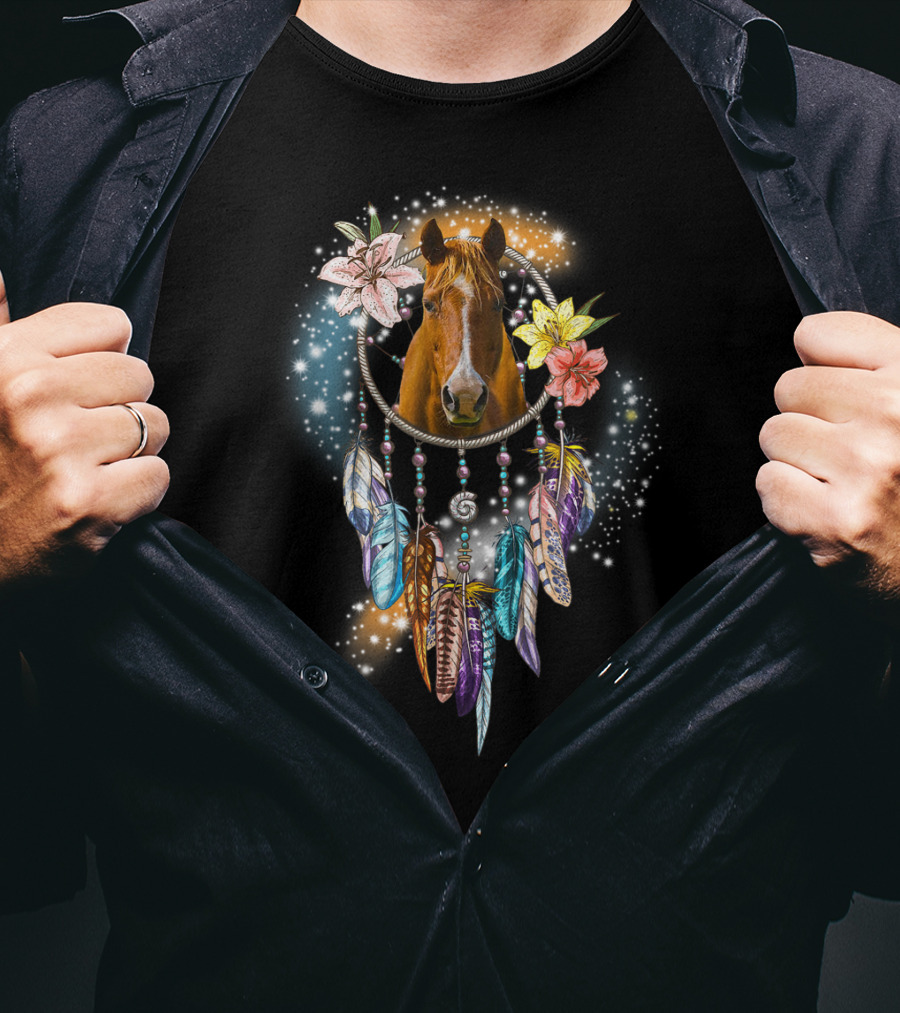 Horse Dreamcatcher Floral Feathers Sparkle T-Shirt