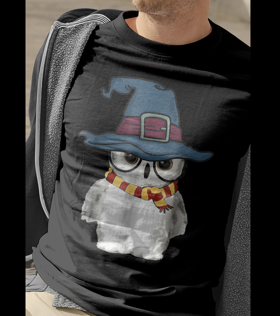 Cute Owl Wizard Hat With Striped Scarf T-Shirt
