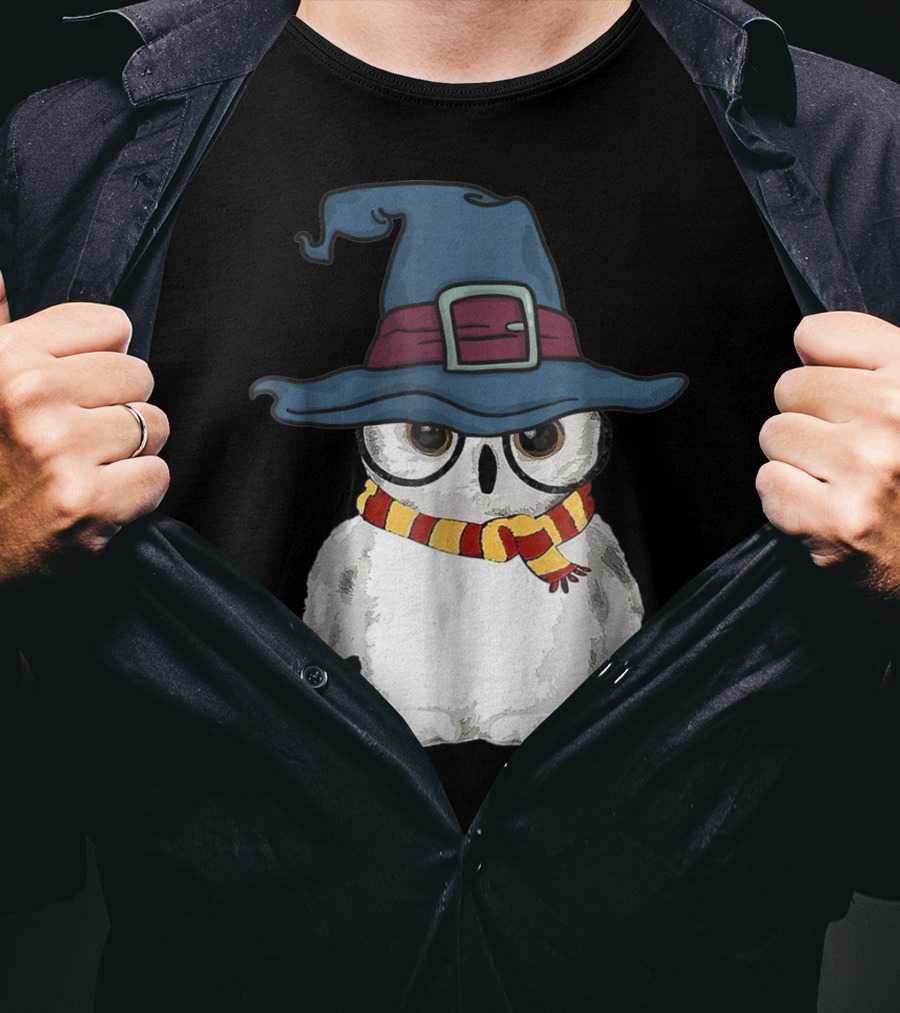 Cute Owl Wizard Hat With Striped Scarf T-Shirt