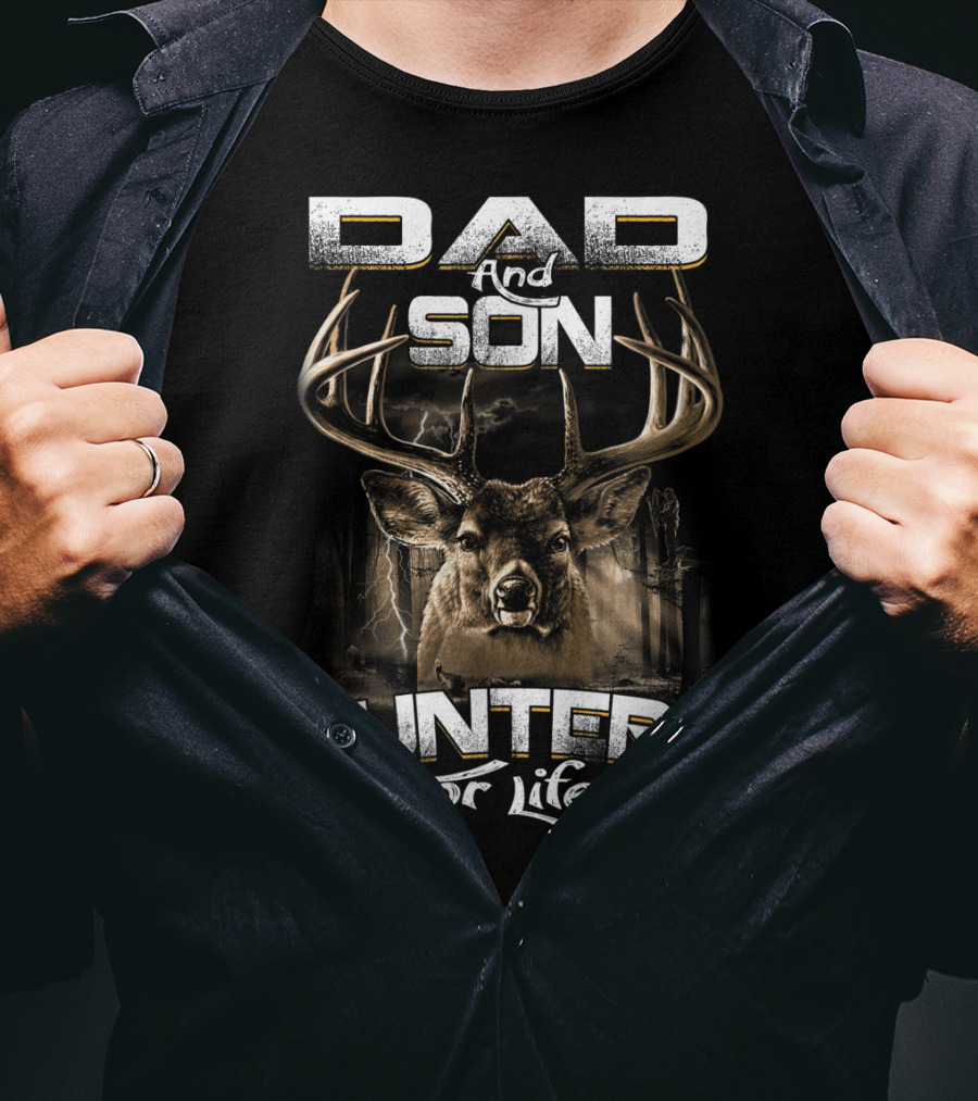 Dad And Son Hunters For Life Deer Antlers Forest Scene T-Shirt