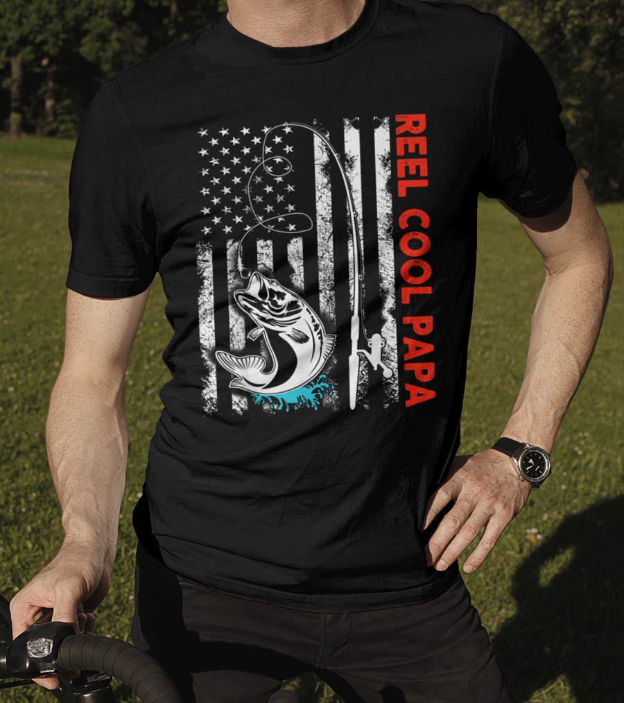 Reel Cool Papa American Flag Fishing Family Fun T-Shirt