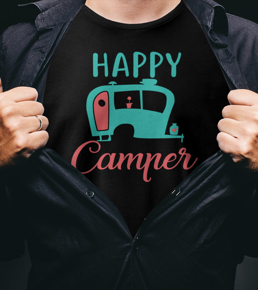 Happy Camper Retro Teal And Coral Vintage Camper T-Shirt