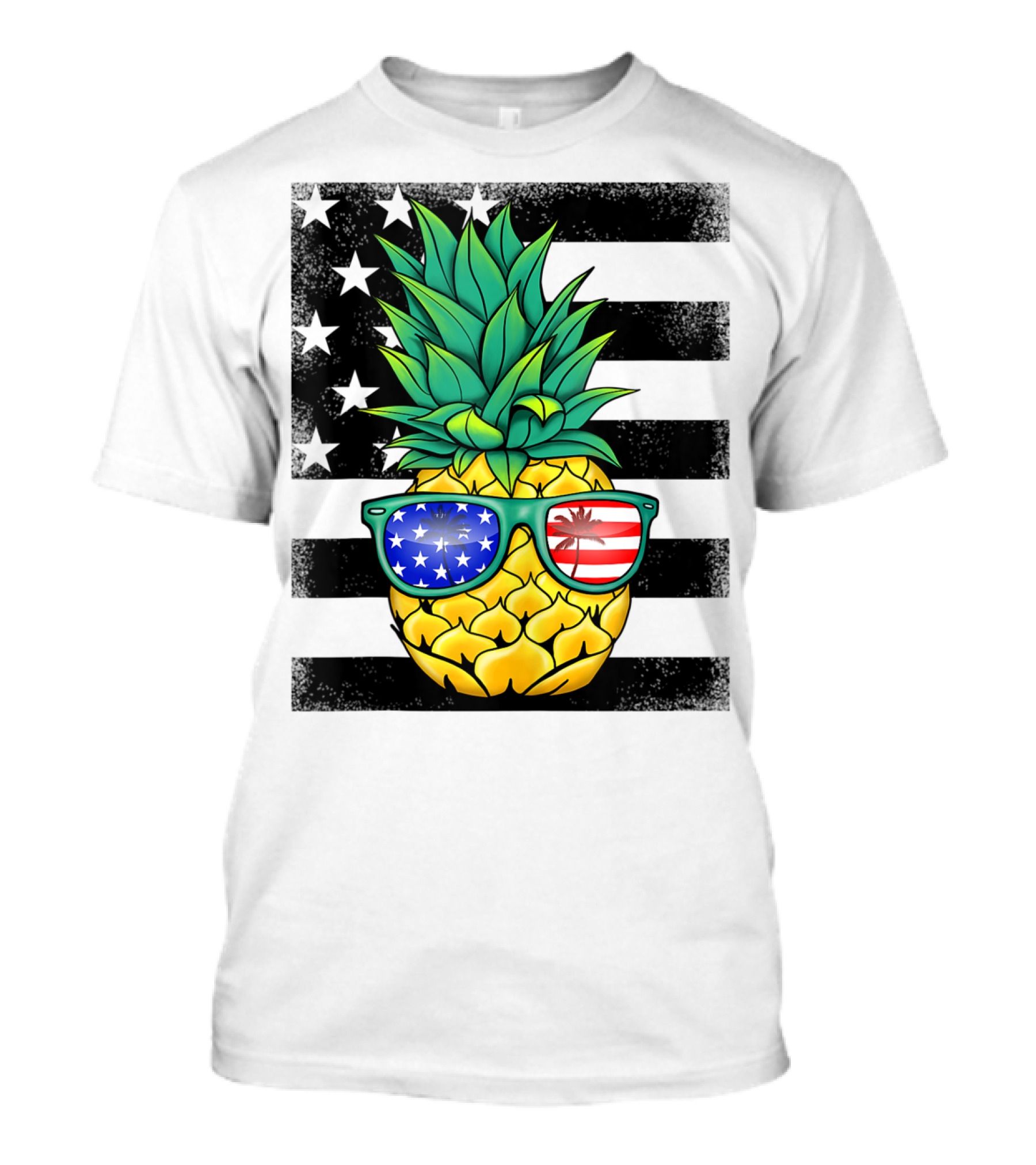 Hawaiian Pineapple With American Flag Sunglasses On Distressed Stars And Stripes Background T-Shirt