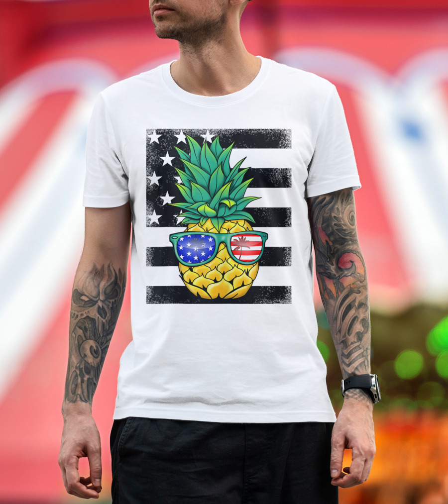 Hawaiian Pineapple With American Flag Sunglasses On Distressed Stars And Stripes Background T-Shirt