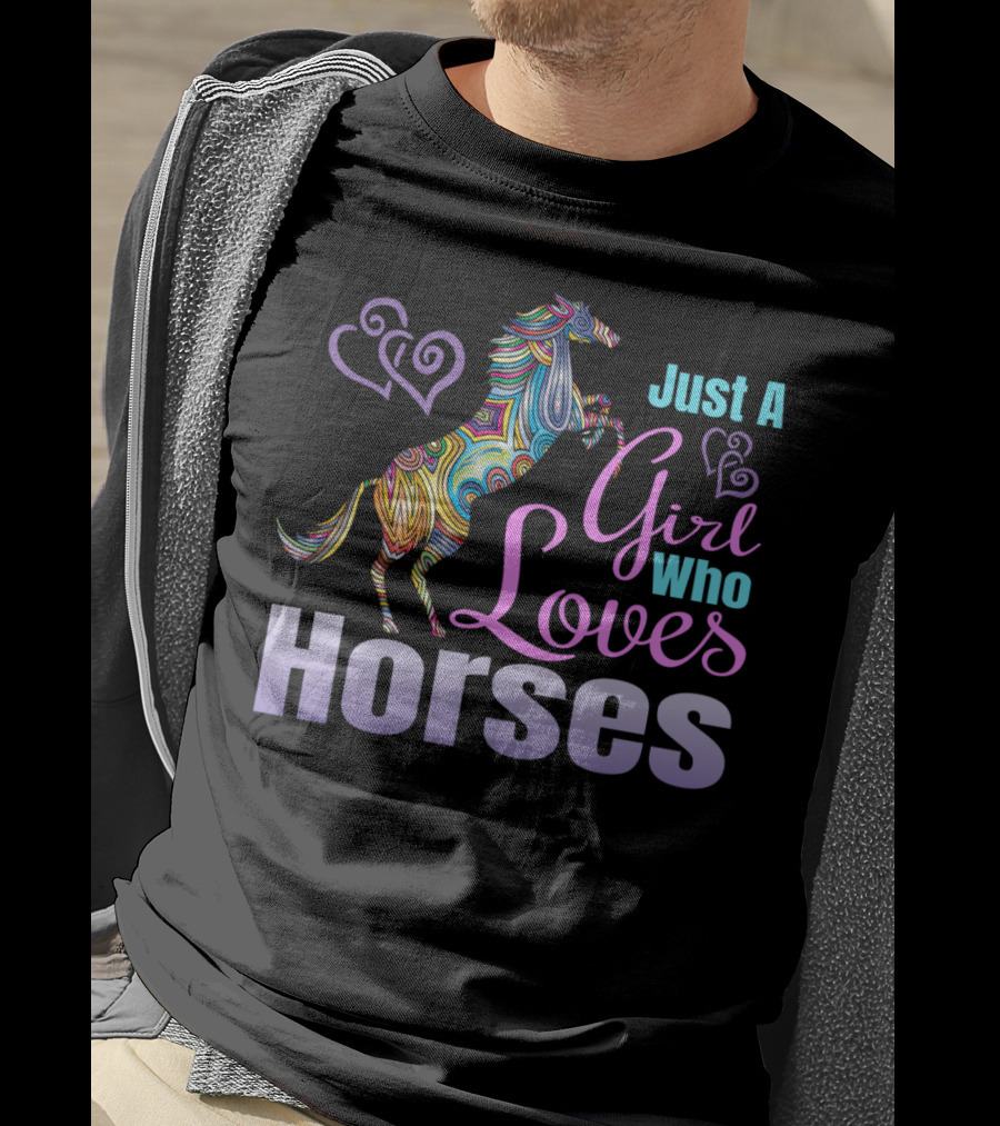 Just A Girl Who Loves Horses Colorful Patterned Horse With Hearts T-Shirt