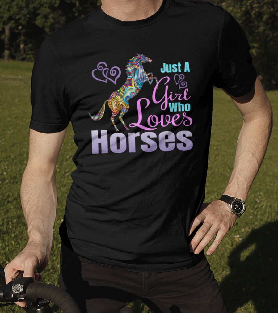 Just A Girl Who Loves Horses Colorful Patterned Horse With Hearts T-Shirt