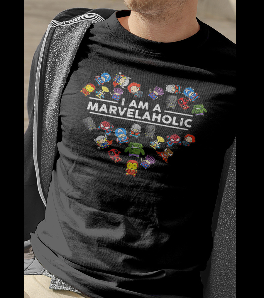 I Am A Marvelaholic Heart Shaped Superhero Characters T-Shirt