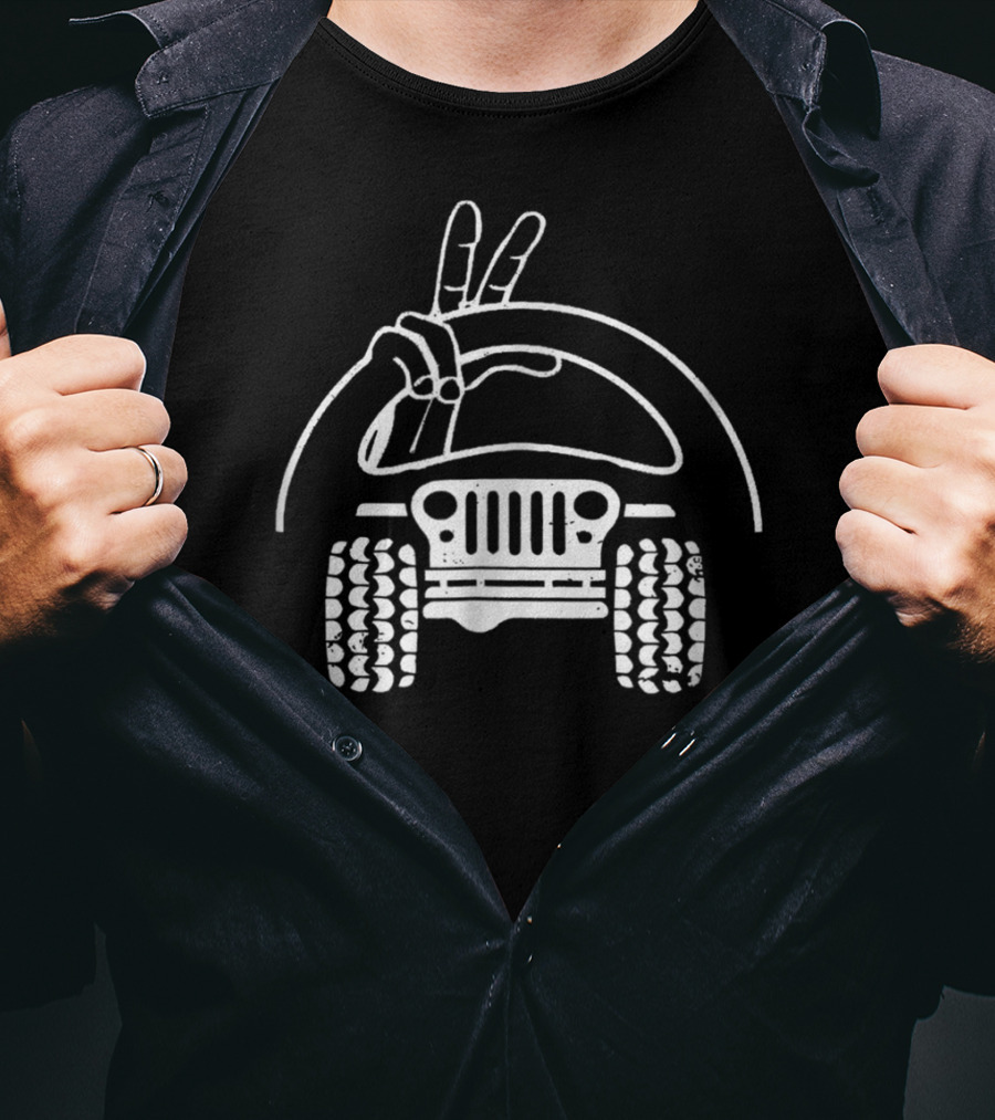 Jeep Wave Peace Fingers Sign Steering Wheel And Grille T-Shirt