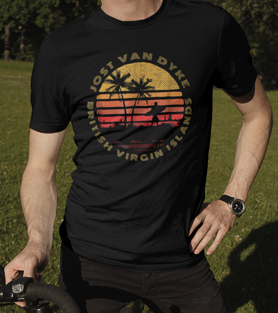 Jost Van Dyke British Virgin Islands Sunset Palm Trees Surfer T-Shirt