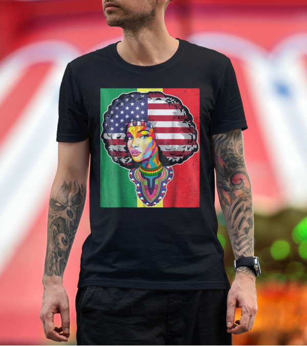Premium T-Shirt: Juneteenth Dashiki American Flag Afro Woman African Colors T-Shirt Juneteenth Dashiki American Flag Afro Woman African Colors T-Shirt