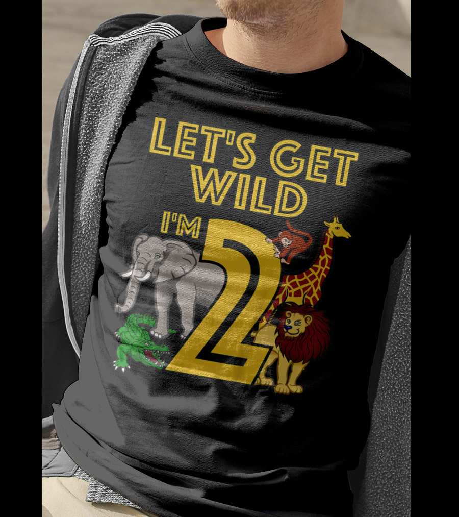 Let's Get Wild I'm 2 Elephant Giraffe Lion Crocodile Birthday Safari Jungle Kids 2 Year Old Zoo T-Shirt