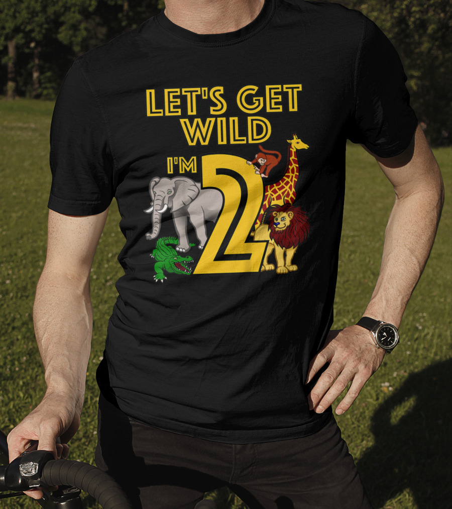 Let's Get Wild I'm 2 Elephant Giraffe Lion Crocodile Birthday Safari Jungle Kids 2 Year Old Zoo T-Shirt