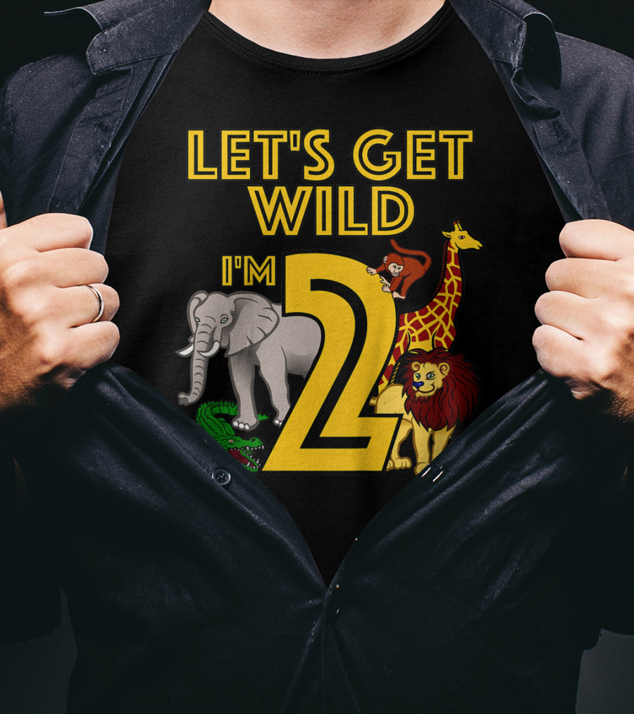 Let's Get Wild I'm 2 Elephant Giraffe Lion Crocodile Birthday Safari Jungle Kids 2 Year Old Zoo T-Shirt