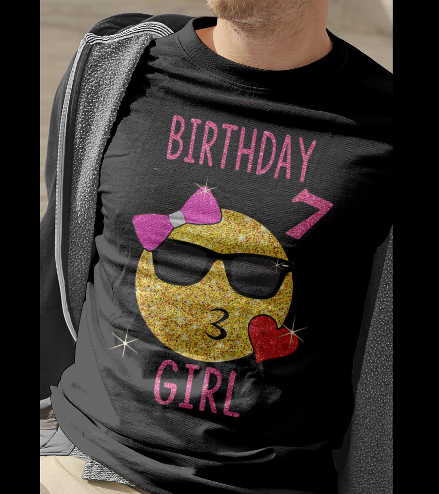 Birthday 7 Girl 7 Years Old Emoji Wearing Sunglasses Bow Heart T-Shirt