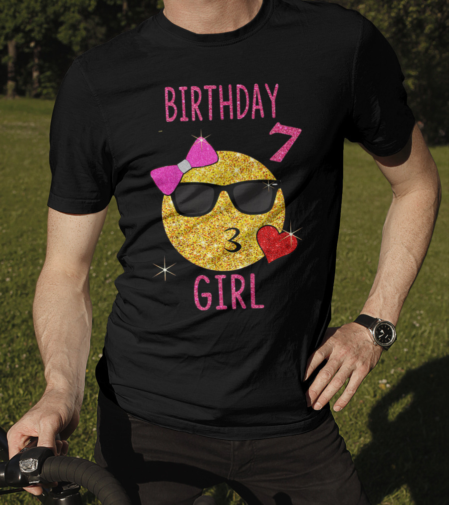 Birthday 7 Girl 7 Years Old Emoji Wearing Sunglasses Bow Heart T-Shirt