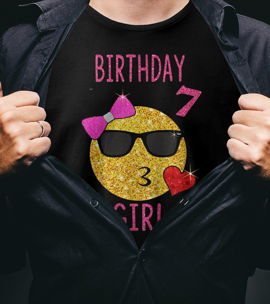 Birthday 7 Girl 7 Years Old Emoji Wearing Sunglasses Bow Heart T-Shirt