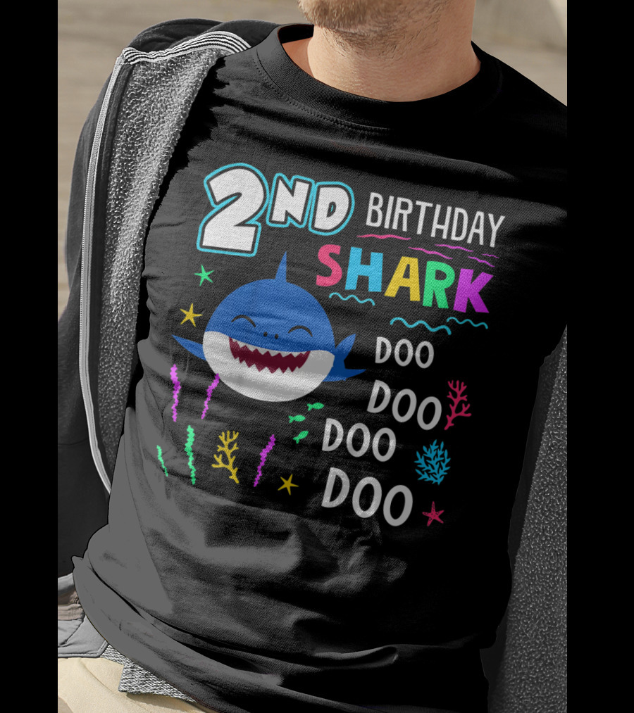 2nd Birthday Shark Doo Doo Doo Kids Happy 2 Years Old T-Shirt