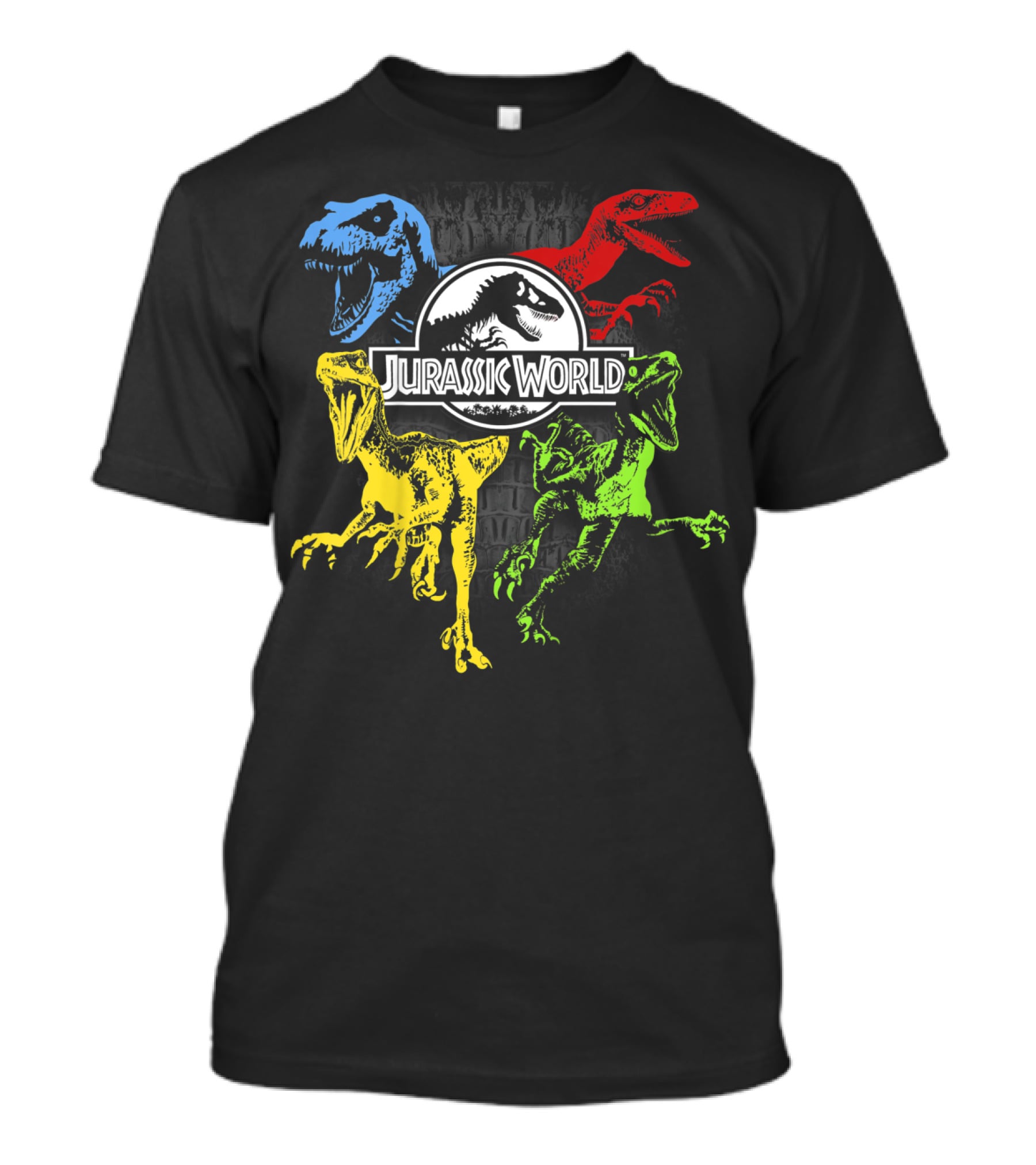 Jurassic World Raptors In Primary Colors Red Blue Yellow Green T-Shirt