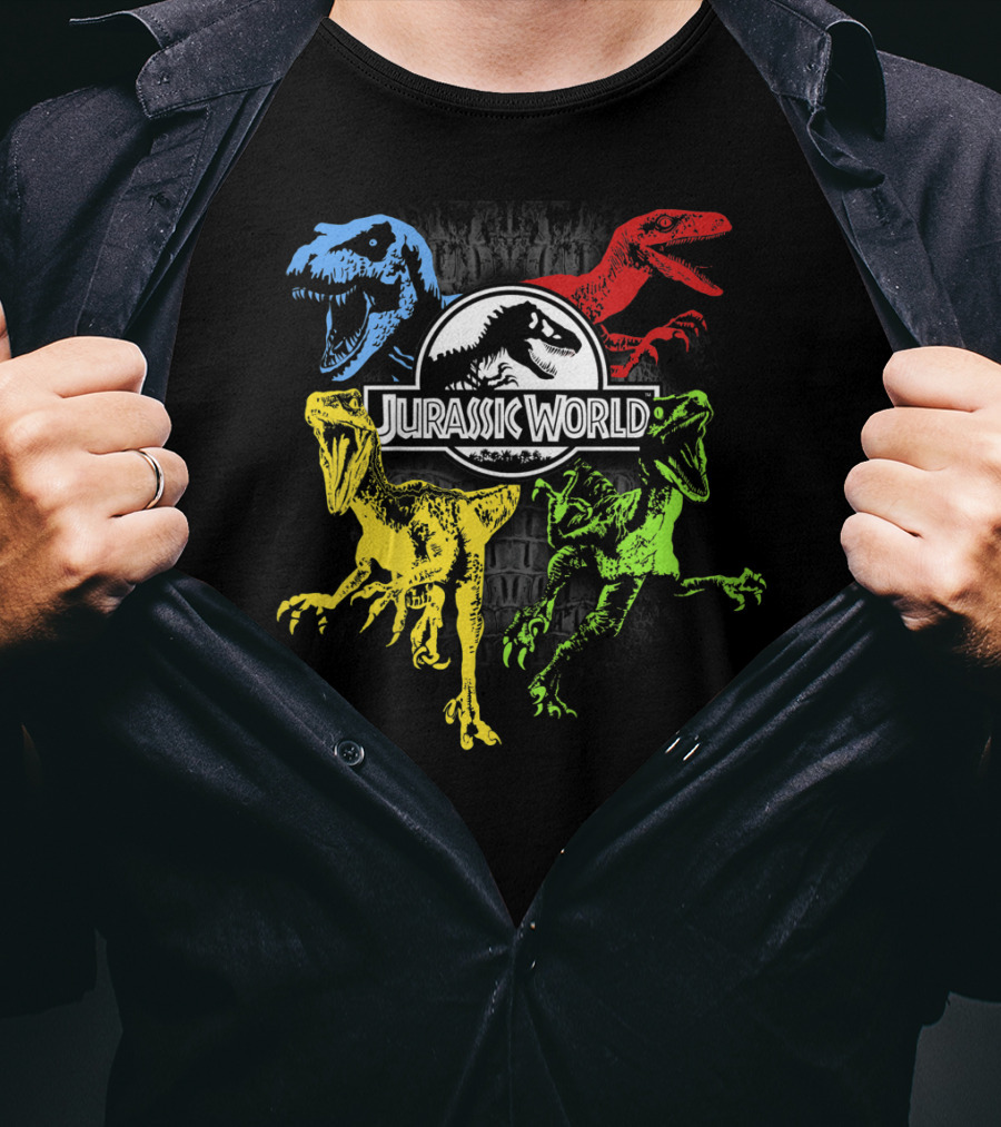Jurassic World Raptors In Primary Colors Red Blue Yellow Green T-Shirt