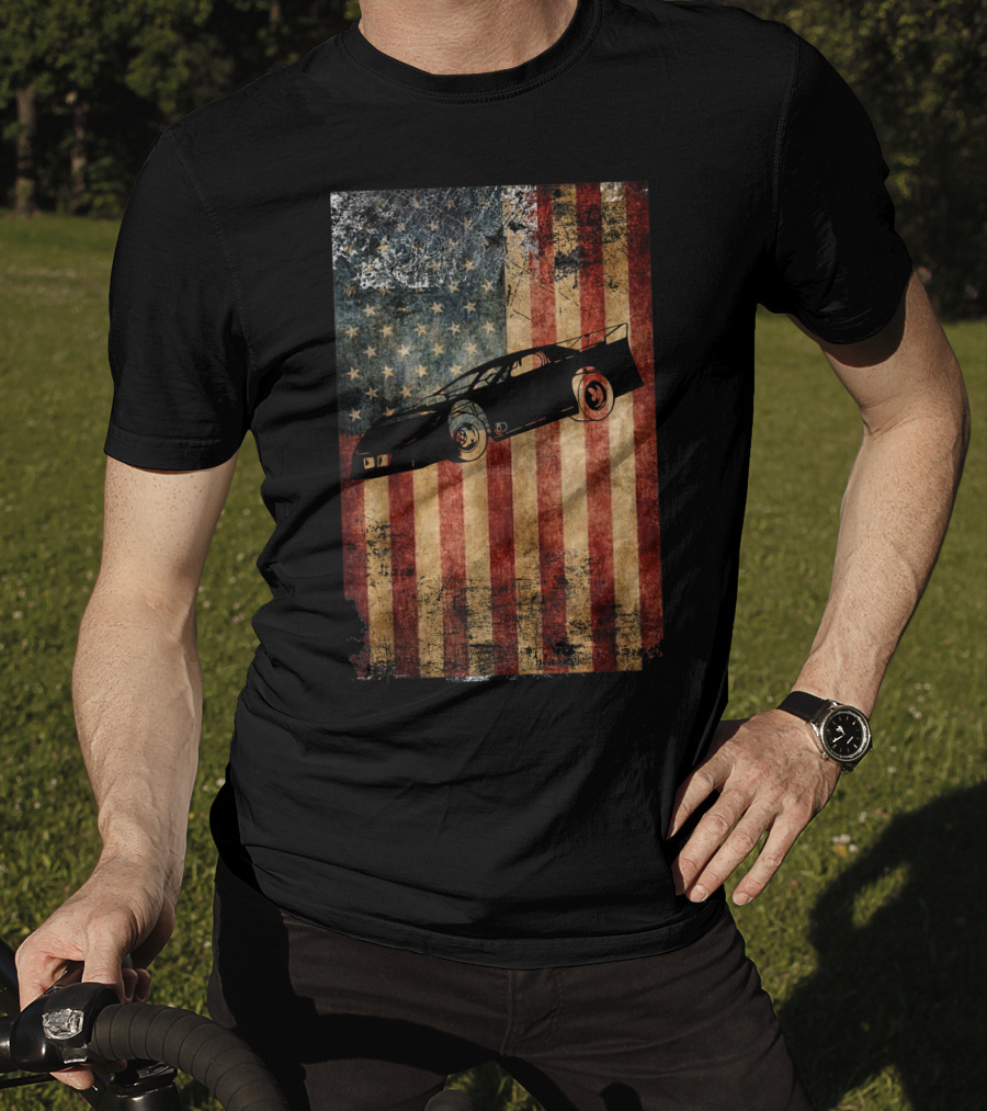 Late Model Dirt Track Racing Distressed American Flag Car T-Shirt