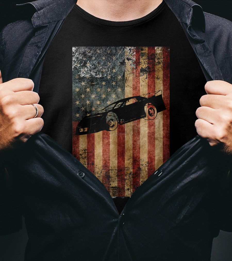Late Model Dirt Track Racing Distressed American Flag Car T-Shirt