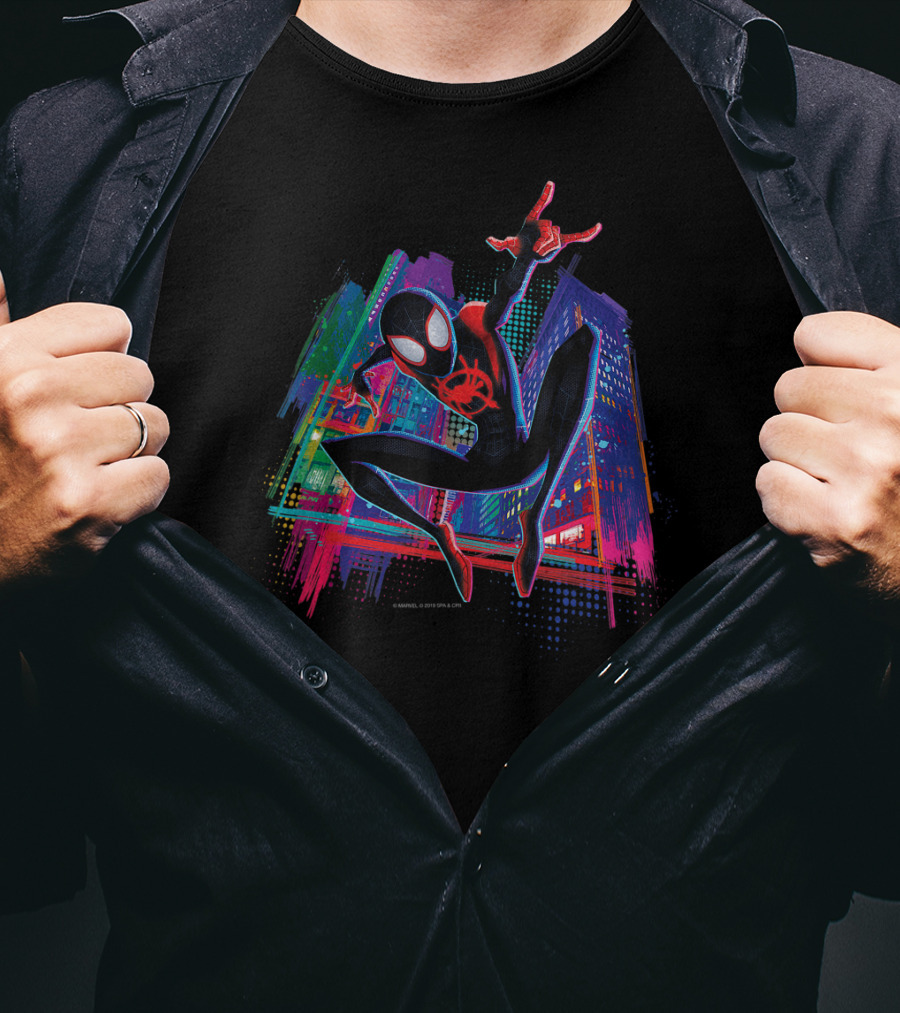 Marvel Spider-Man Miles Morales Vibrant Graffiti Cityscape Adventure T-Shirt