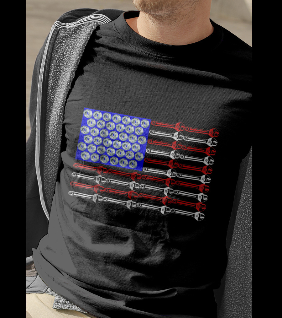 Mechanic Proud American Patriotic USA Flag With Wrenches And Nuts T-Shirt