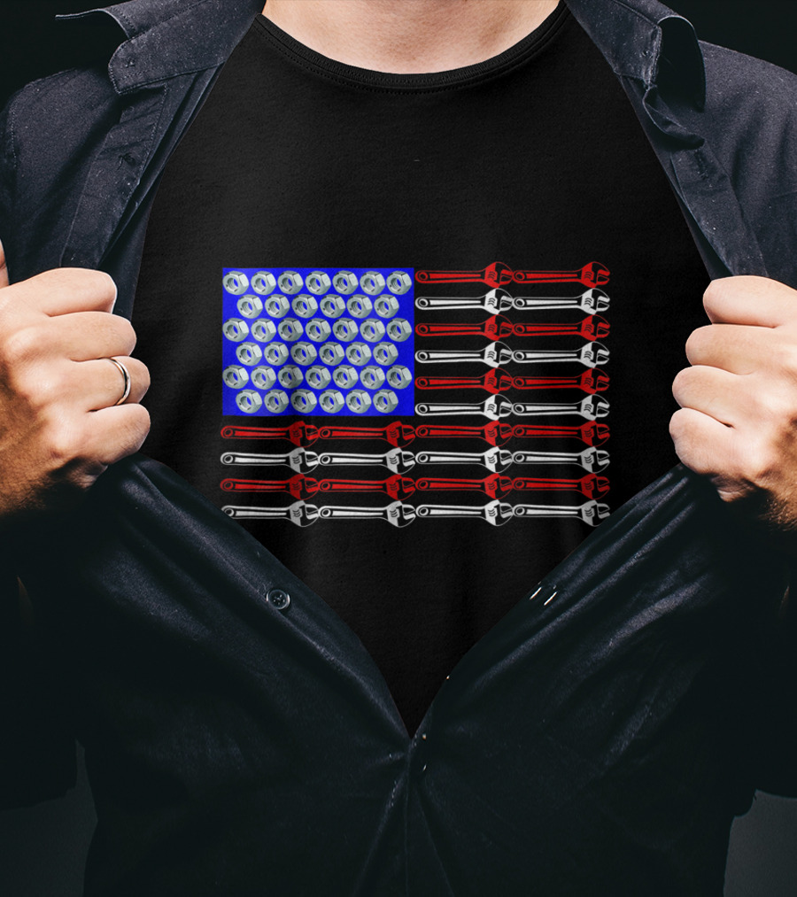 Mechanic Proud American Patriotic USA Flag With Wrenches And Nuts T-Shirt