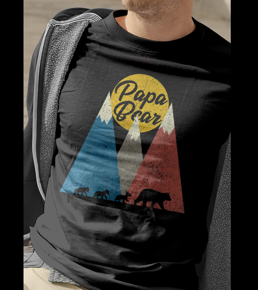 Papa Bear Three Cubs Mountains Retro Triplet Dad T-Shirt
