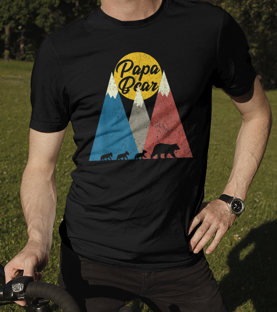Papa Bear Three Cubs Mountains Retro Triplet Dad T-Shirt