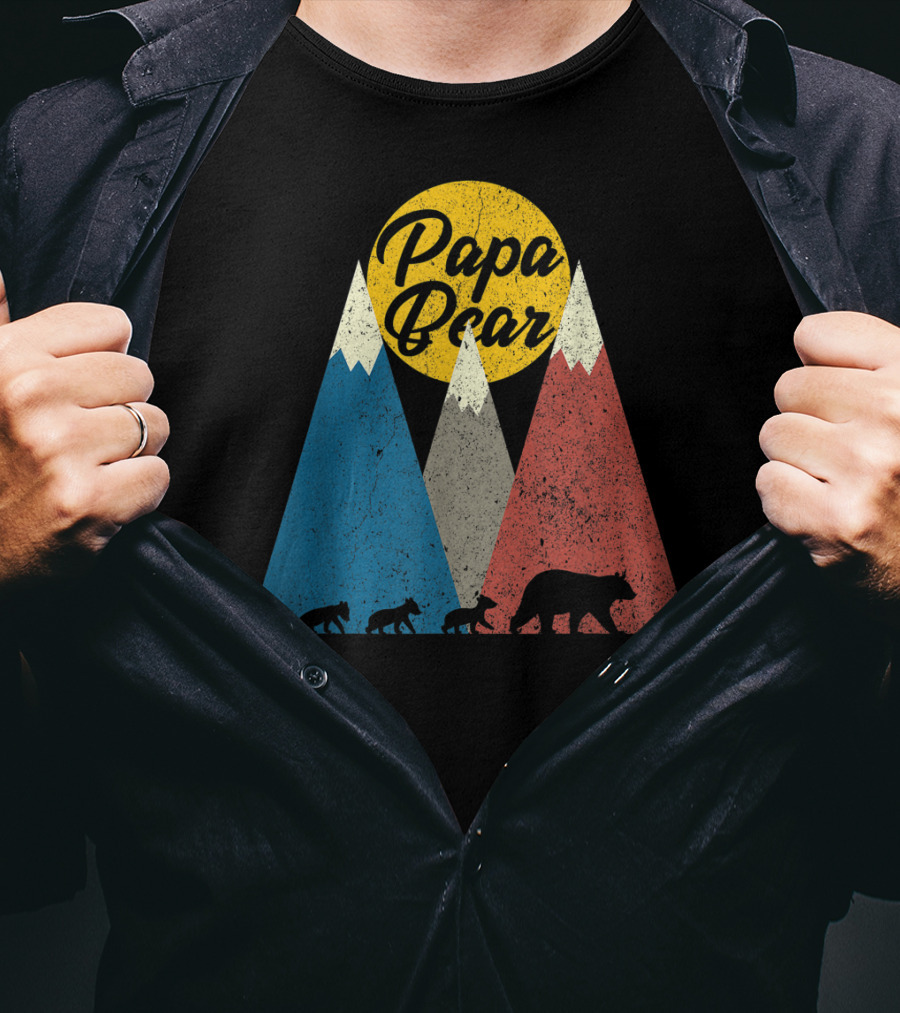 Papa Bear Three Cubs Mountains Retro Triplet Dad T-Shirt