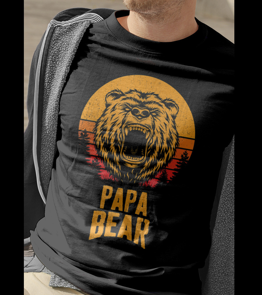Papa Bear Father's Day Sunset Roaring Bear Forest Scene T-Shirt